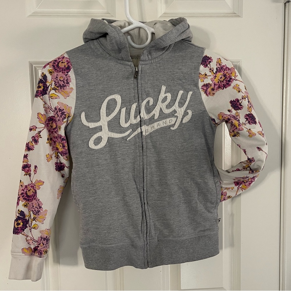 Lucky Brand Size Medium 10/12  Gray Floral sleeve hoodie
